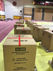 contaminated boxes in an indoor gymnasium