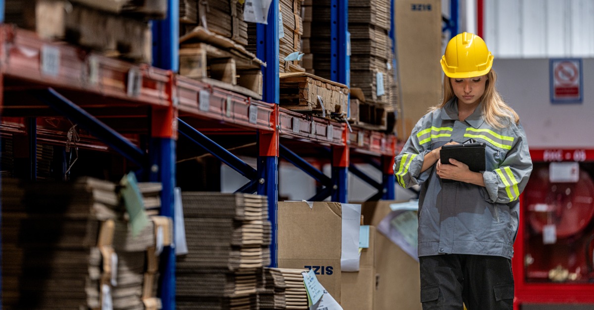 Warehouse worker in a yellow hard hat reviews a clipboard between tall pallet racks filled with boxed inventory.